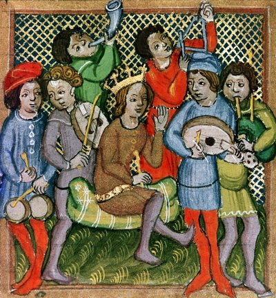Seated Crowned Figure Surrounded by Musicians Playing the Lute, Bagpipes, Triangle, Horn, Viola and Drums by Czech School